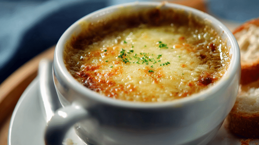 Französische Zwiebelsuppe mit goldbraun überbackener Käsekruste in einer weißen Suppentasse, klassisch für herzhafte Suppen Rezepte