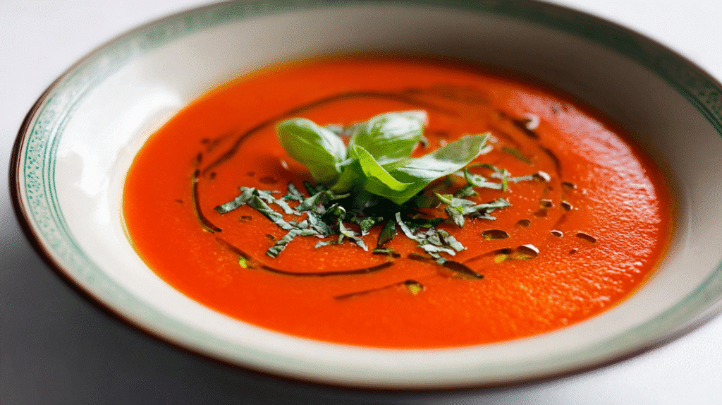 Cremige Tomatensuppe mit frischem Basilikum und Olivenöl in einem tiefen weißen Teller, passend für klassische Suppen Rezepte
