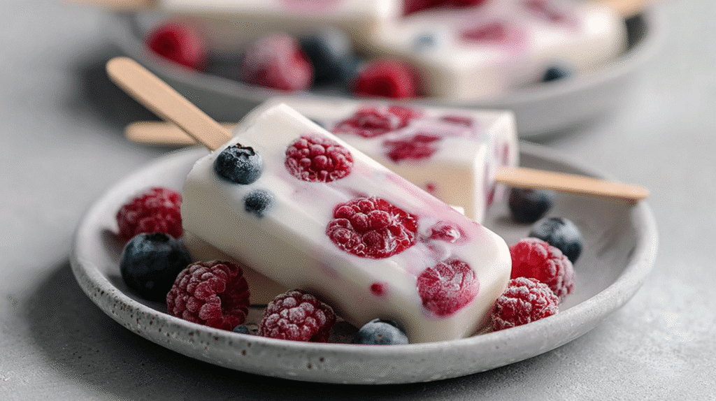 Gefrorene Joghurt-Riegel am Stiel mit Himbeeren und Blaubeeren, leicht bereift auf einem Teller serviert