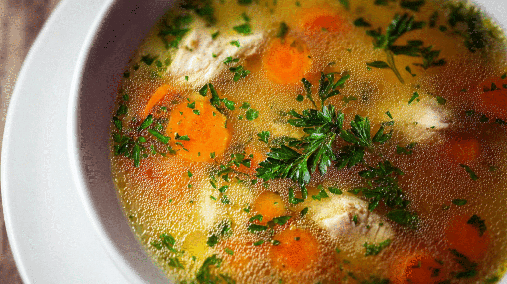 Klare Hühnersuppe mit Karotten, Kräutern und zarten Fleischstücken in einer weißen Schale, klassisch für einfache Suppen Rezepte