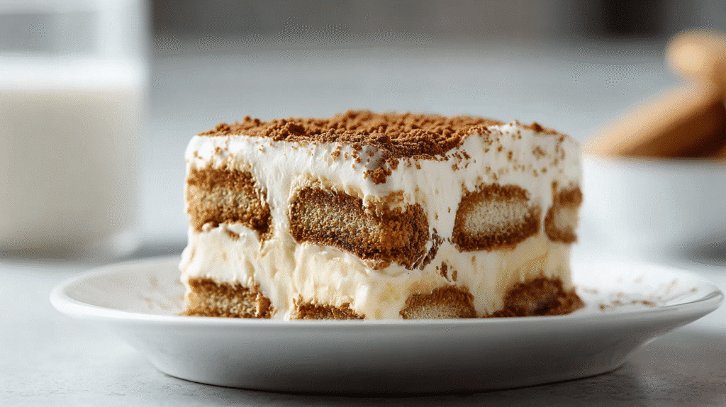 Cremiges Tiramisu-Stück mit feinen Keksschichten und luftiger Creme auf weißem Teller, klassisches Dessert