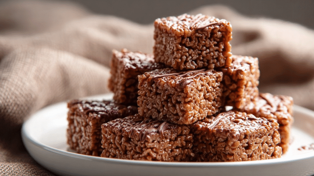 Knusprige Schoko-Reis-Squares aus Puffreis und Schokolade, gestapelt auf einem weißen Teller – schnelles Dessert