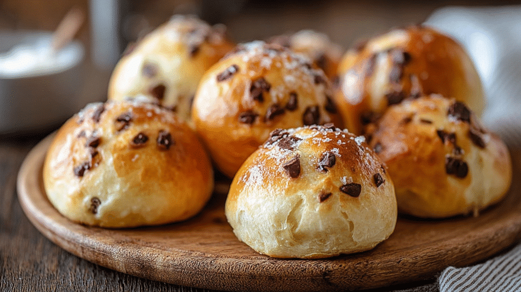 Frisch gebackene Schokobrötchen mit Schokostückchen auf einem rustikalen Holzbrett angerichtet
