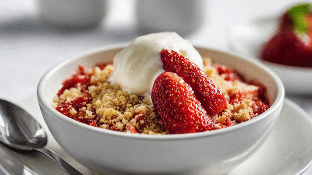 Erdbeer-Crumble mit saftigen Erdbeeren, knusprigen Streuseln und cremiger Vanillecreme in einer weißen Schale