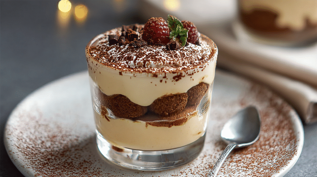 Cremiges Tiramisu im Glas mit Schichten aus Kaffee-Kuchen, Vanillecreme und Kakao, dekoriert mit Schokoraspeln