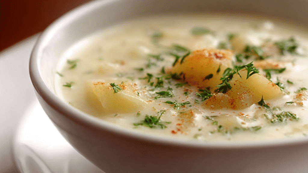 Cremige Kartoffelsuppe mit Kartoffelstücken und frischen Kräutern, klassisches Beispiel für einfache Suppen Rezepte