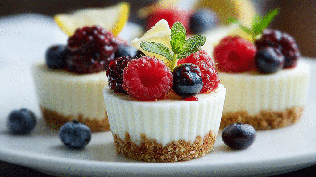 Mini-Cheesecake-Cups ohne Backen mit Keksboden, cremiger Frischkäsefüllung und frischen Beeren auf einem Teller