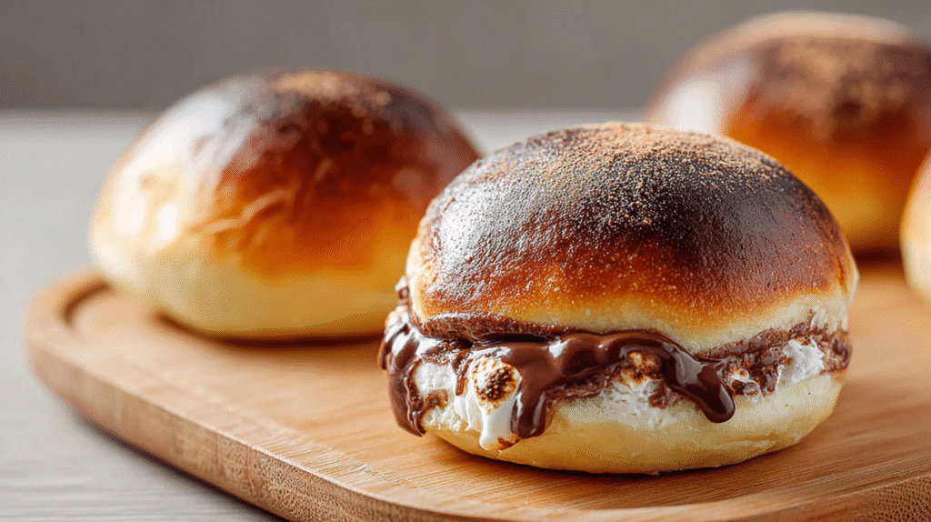 Weiches Schokobrötchen mit sichtbarer Schokofüllung auf Holzbrett angerichtet