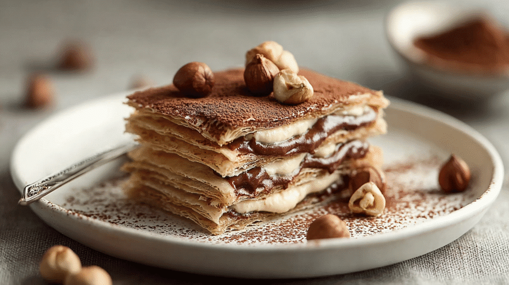 Knusprige Blätterteig-Schnitten mit cremiger Schokoladenfüllung und gehackten Haselnüssen auf einem weißen Teller