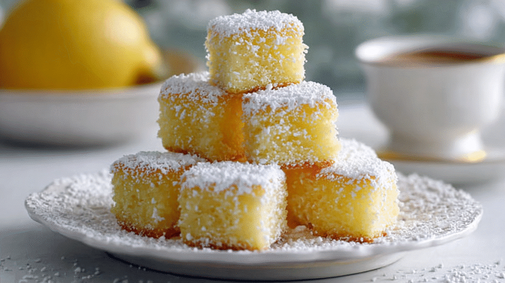 Saftige Zitronen-Cake-Bites mit Puderzucker bestäubt, gestapelt auf einem weißen Teller