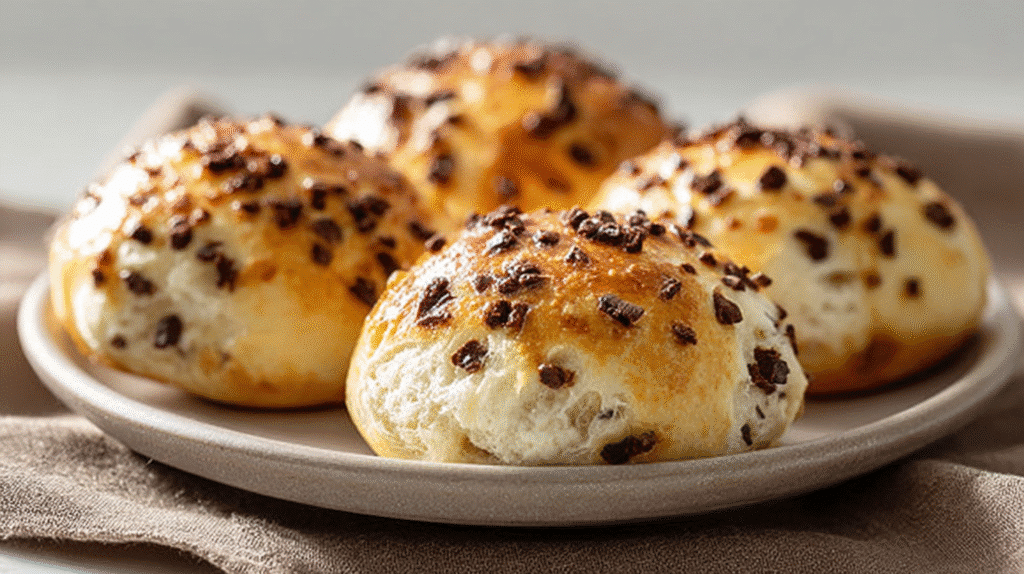 Frisch gebackene Airfryer Schokobrötchen mit goldbrauner Kruste und Schokostückchen auf einem Teller