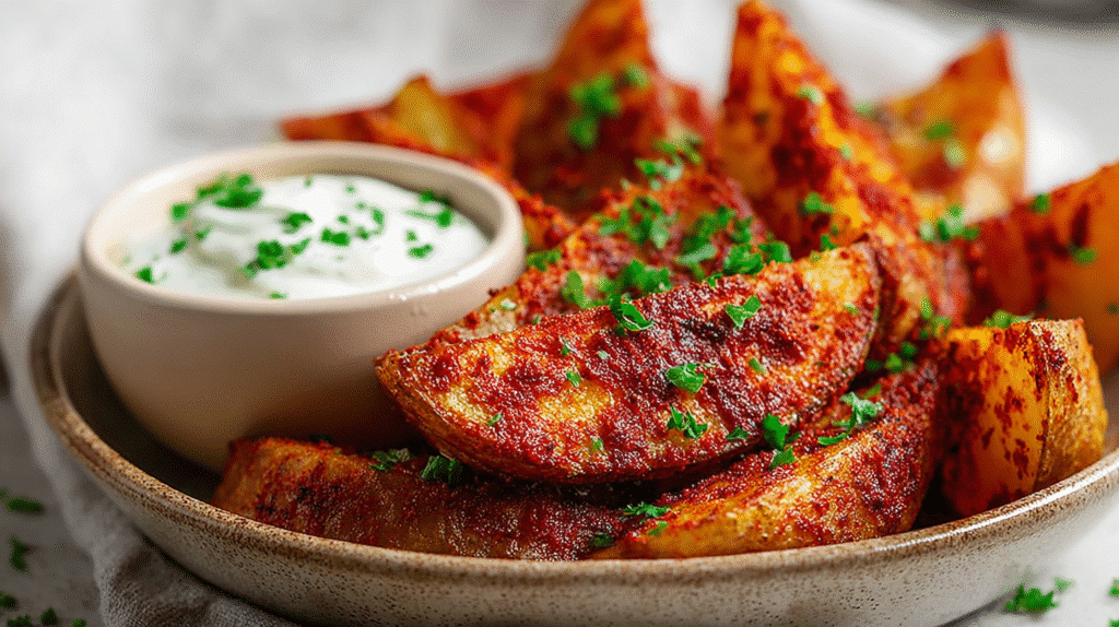 Knusprige scharfe Kartoffelspalten aus der Heißluftfritteuse mit Chili-Gewürz und cremigem Dip