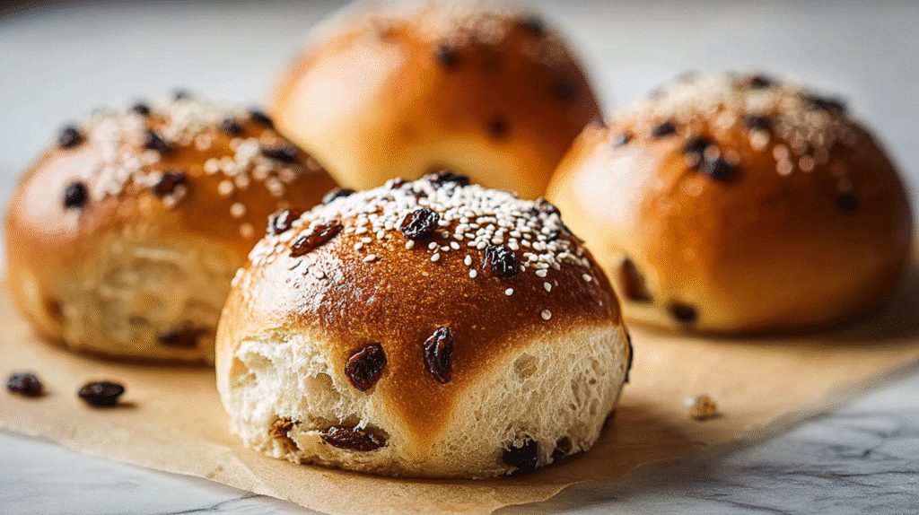Goldbraune Rosinenbrötchen mit Hagelzucker auf heller Arbeitsfläche