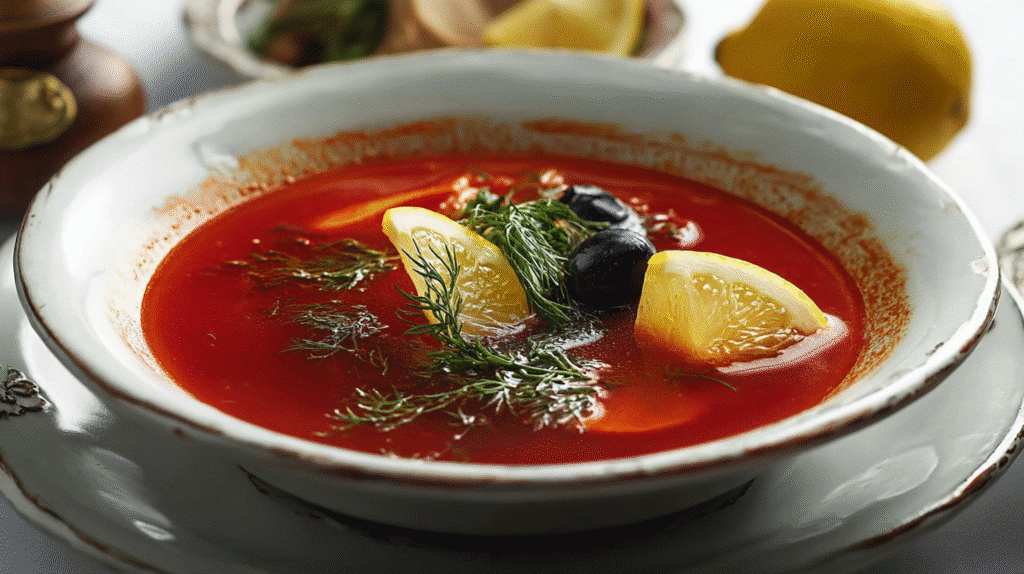 Säuerlich-würzige Solyanka mit Zitronenscheibe, Oliven und frischen Kräutern in einer weißen Schale, typisch für herzhafte Suppen Rezepte