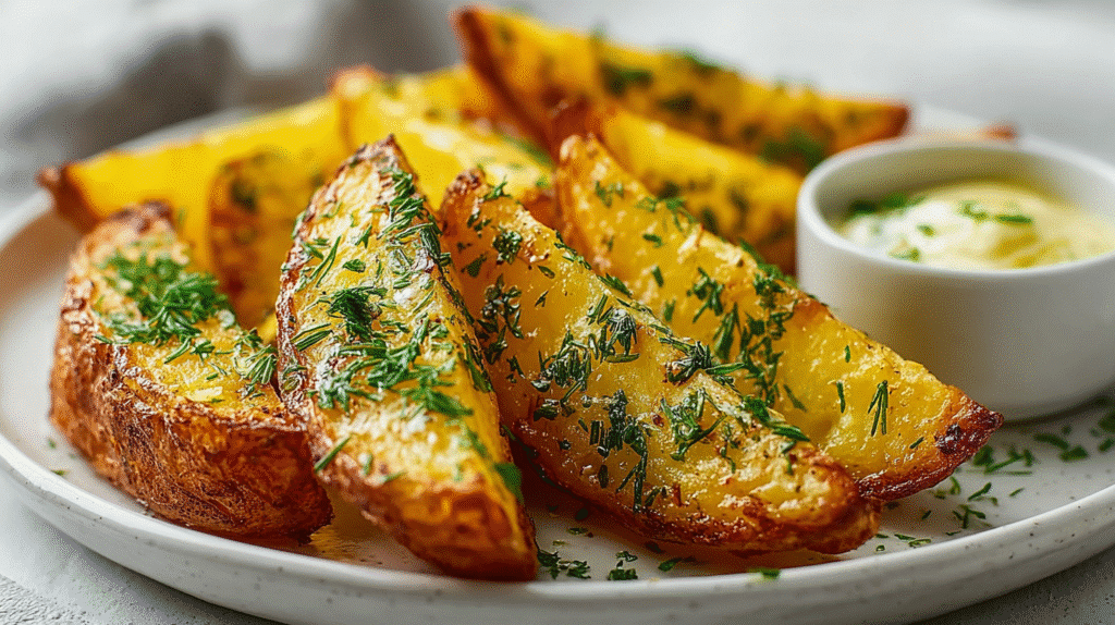 Knusprige Kartoffelspalten aus der Heißluftfritteuse mit Knoblauchbutter und frischen Kräutern auf einem Teller