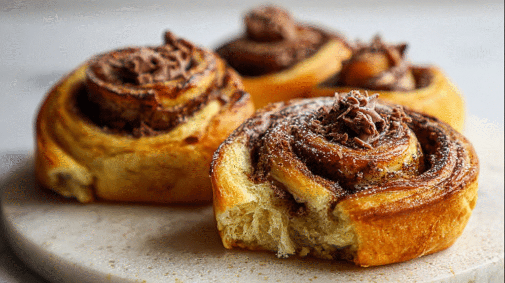 Blättrige Schokobrötchen in Schneckenform mit geschmolzener Schokolade auf hellem Teller