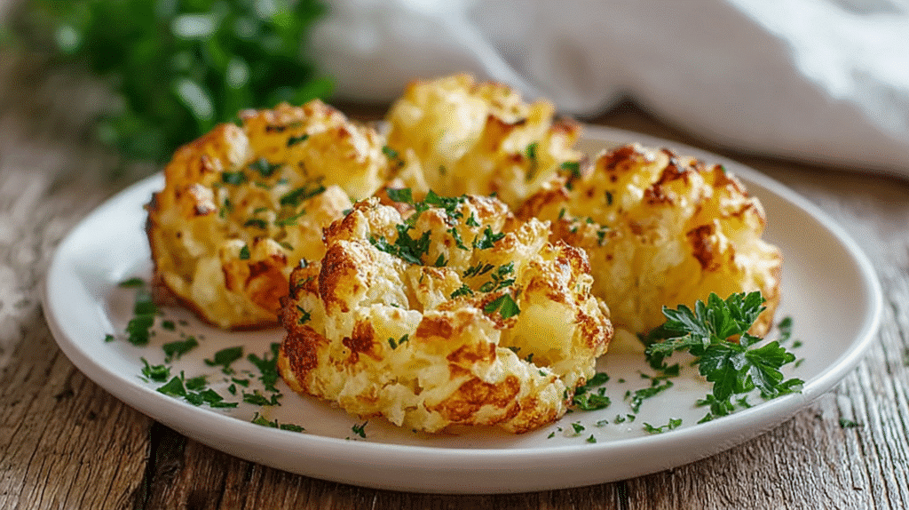 Knusprige Käse-Blooming Kartoffeln aus der Heißluftfritteuse mit goldbrauner Oberfläche und frischen Kräutern auf einem Teller