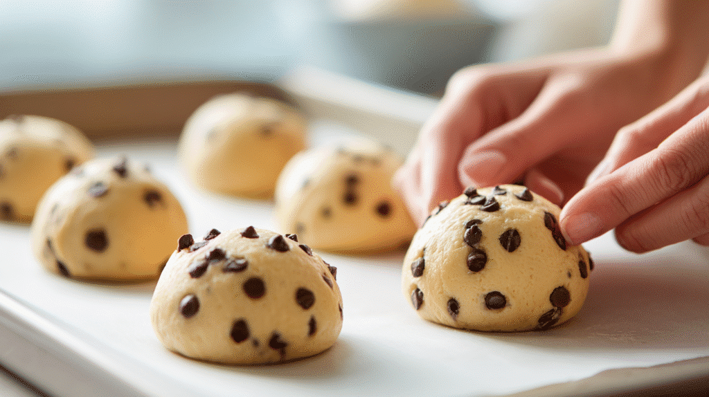 Nahaufnahme vom Formen des Teigs für air fryer Schoko Brötchen mit Quark