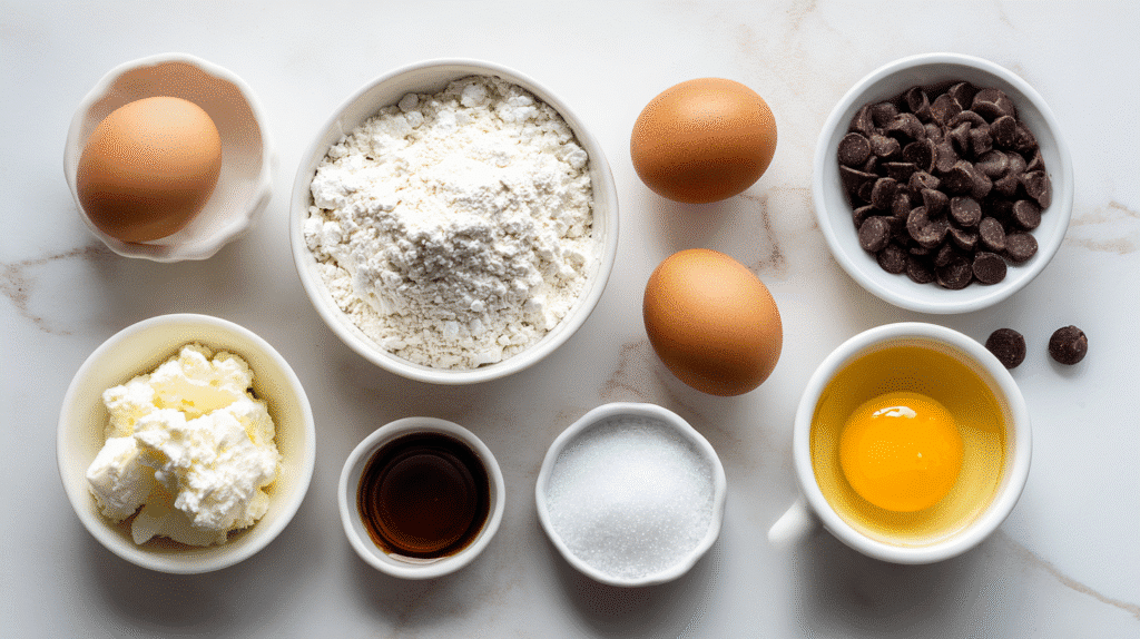 Zutaten für air fryer Schoko Brötchen mit Quark auf heller Arbeitsfläche