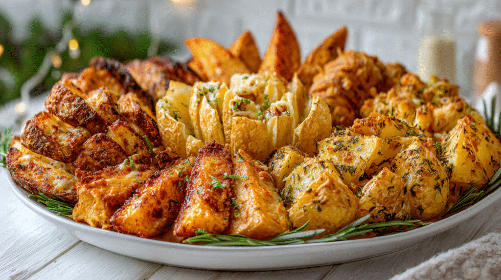 Verschiedene Kartoffeln aus der Heißluftfritteuse auf einer großen Platte, darunter knusprige Kartoffelspalten, Hasselback Kartoffeln und Blooming Potatoes in unterschiedlichen Würzungen