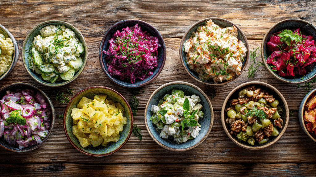 Klassische deutsche Salate – zehn traditionelle Rezepte in einer rustikalen Food-Darstellung