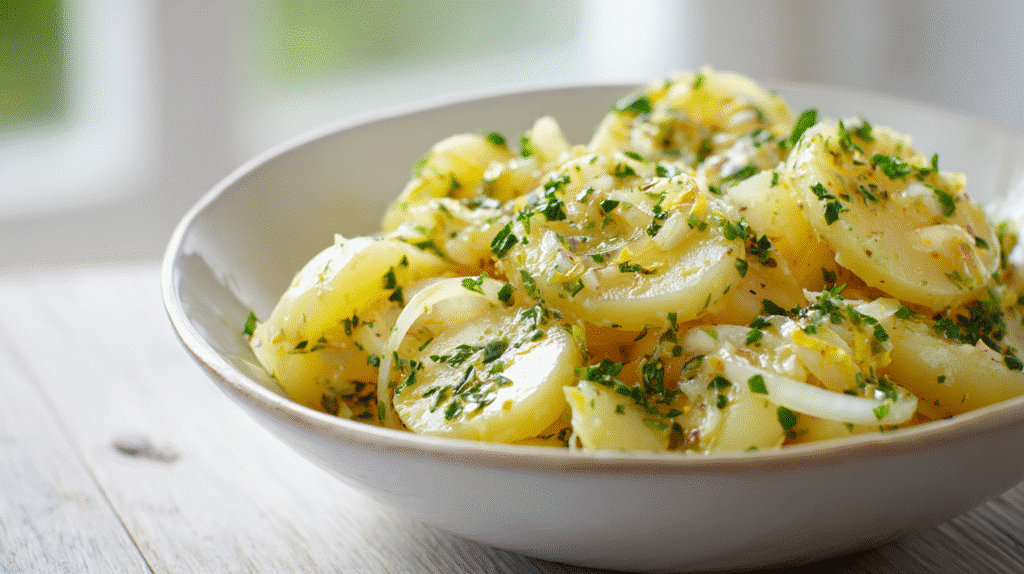 Kartoffelsalat ohne Mayonnaise in heller Schüssel, nah aufgenommen