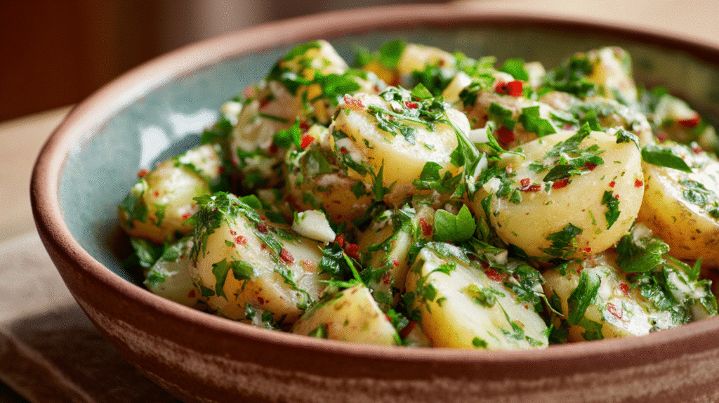 Warmer Kartoffelsalat mit Kräutern in Schale