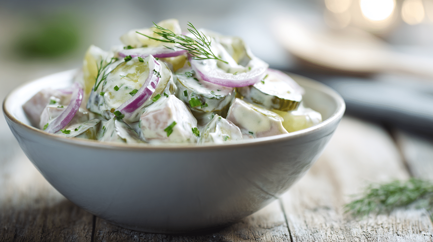 Fleischsalat in heller Schale mit Gurken und Kräutern
