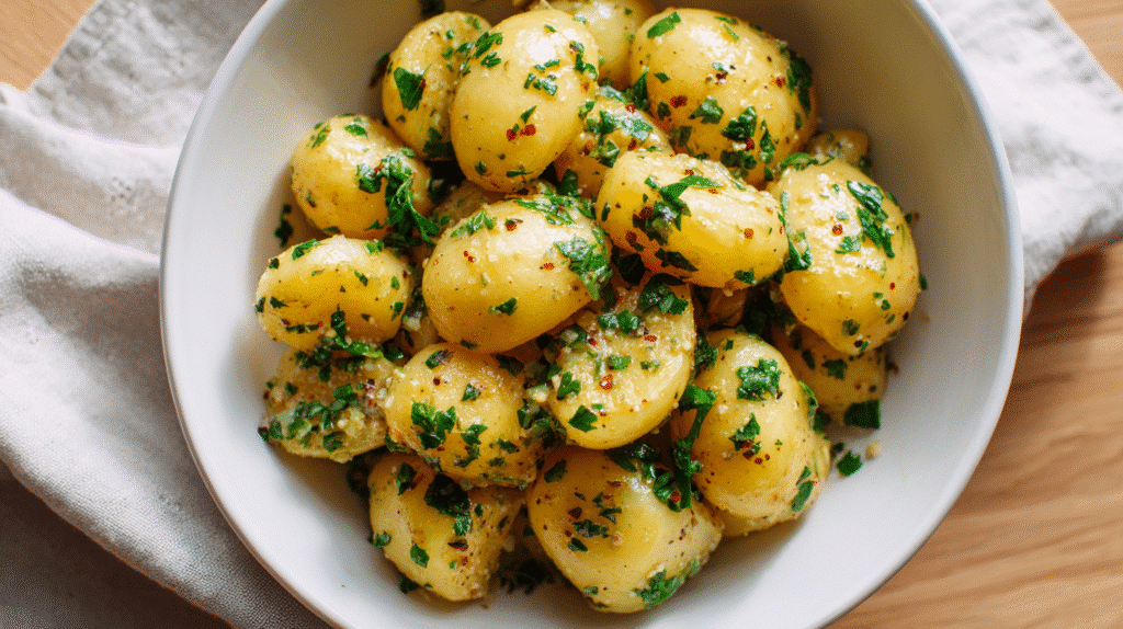 Kartoffelsalat mit Senf Vinaigrette in heller Schale, angerichtet mit frischen Kräutern