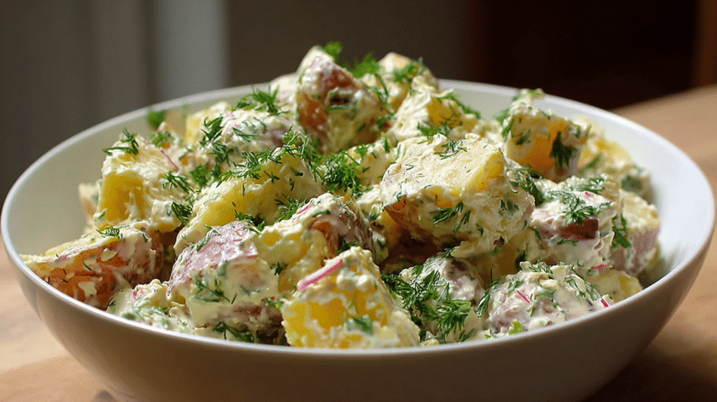 Klassische deutsche Salate – cremiger Kartoffelsalat mit Mayonnaise und frischen Kräutern