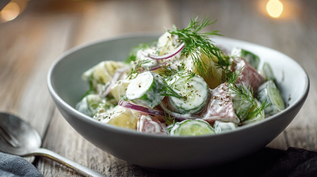 Klassische deutsche Salate – cremiger Fleischsalat mit Zwiebeln und Gewürzgurken