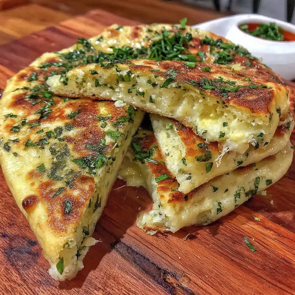 Frisch gebackenes Bärlauch Naan auf einem Holzbrett