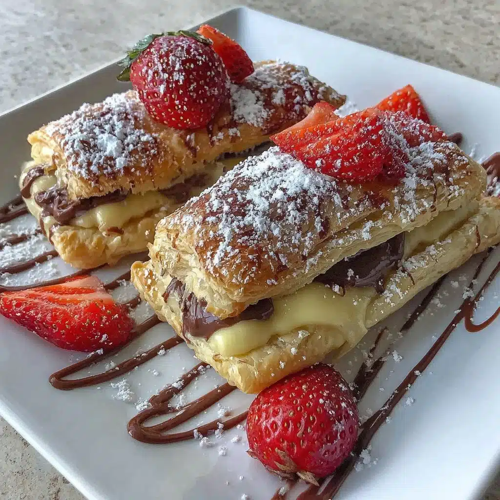 Leckeres Blätterteiggebäck mit Schokocremefüllung auf einem Teller angerichtet.