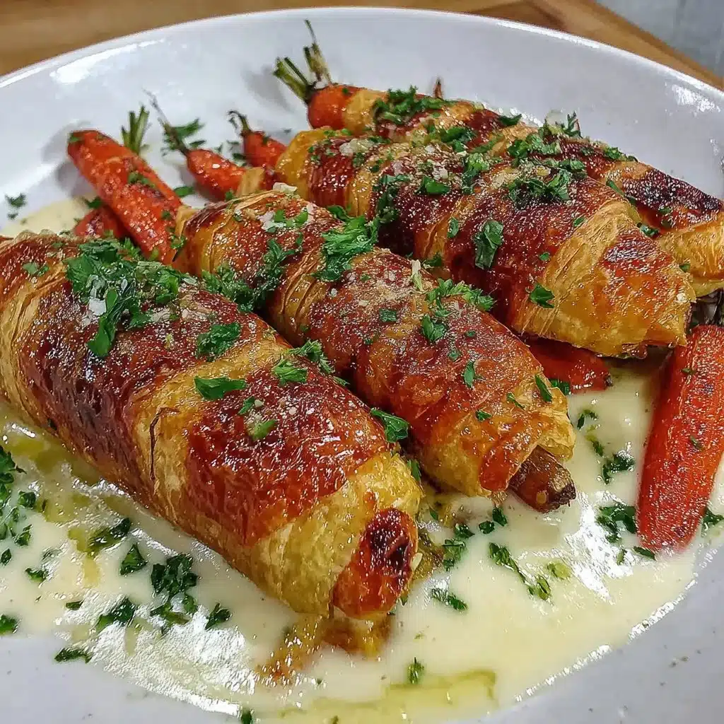 Leckere Blätterteig-Möhren auf einem Teller serviert.