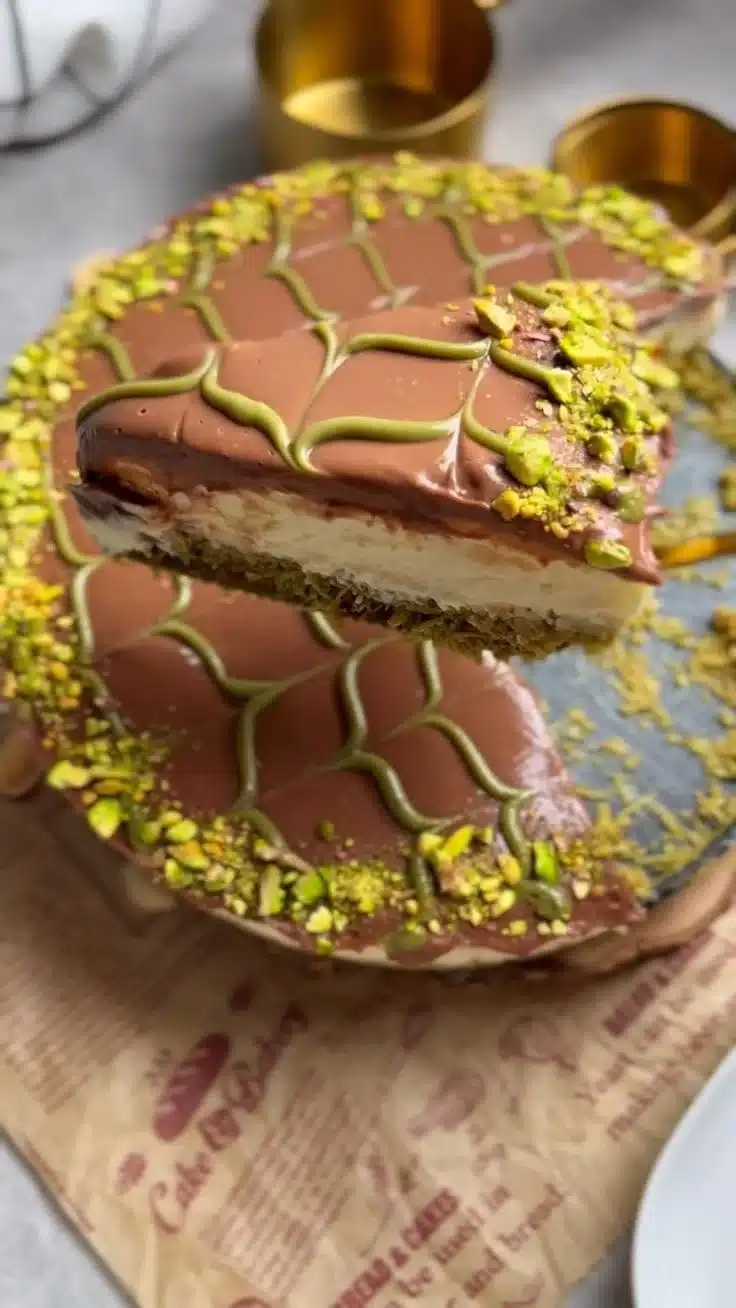 Dubaichocoladen-Käsekuchen mit einer cremigen Käsekuchenfüllung und Schokoladentopping