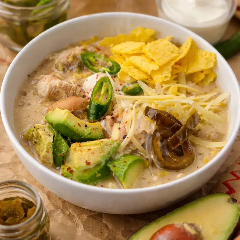 Cremiger White Chicken Chili in einer Schüssel, garniert mit frischen Zutaten.