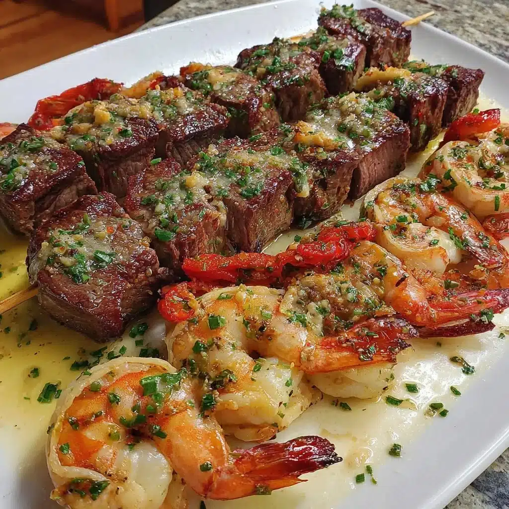 Gegrillte Steak- und Garnelenspieße mit Knoblauchbutter auf dem Grill