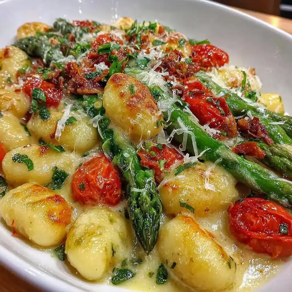 Gnocchi-Pfanne mit grünem Spargel und Kirschtomaten-Soße auf einem Teller