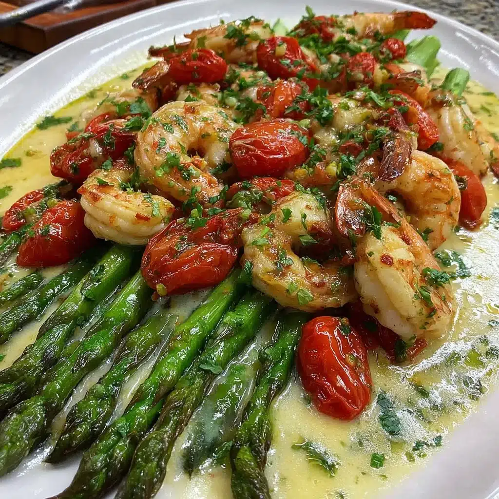 Gericht mit grünem Spargel, frischen Tomaten und Garnelen auf einem Teller