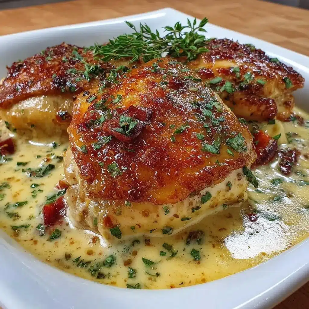 Hähnchen in Honig-Senf-Sauce auf einem Teller serviert.