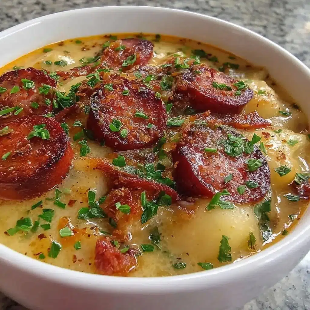 Schüssel mit Kartoffelsuppe und 3 Würstchen auf einem Tisch