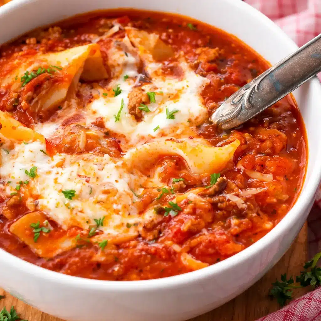 Eine dampfende Schüssel köstlicher Lasagne Suppe mit frischen Zutaten.