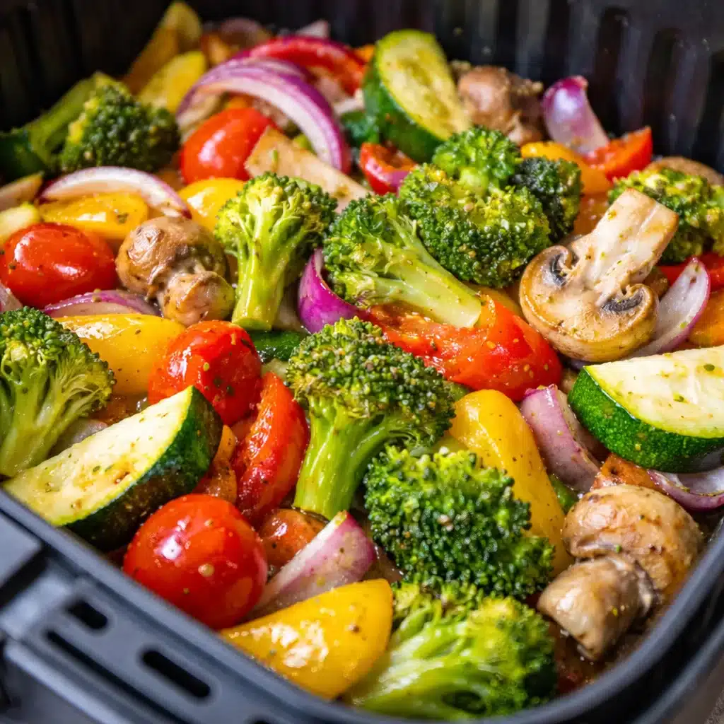 Knuspriges Airfryer Gemüse Rezept mit Paprika und Champignons in Heißluftfritteuse.