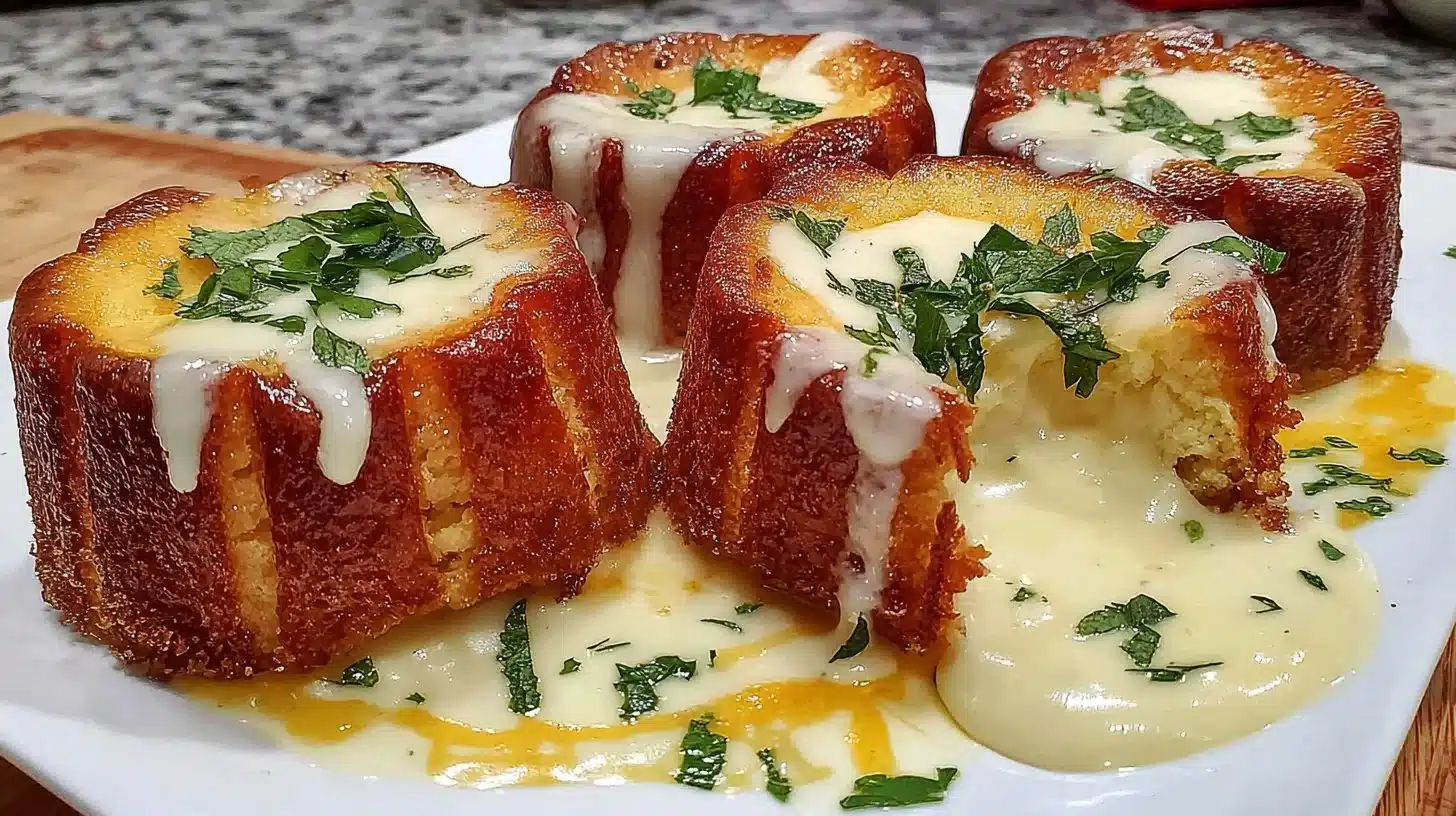 Leckere Luftfritteusen-Käsekuchenbissen auf einem Teller serviert