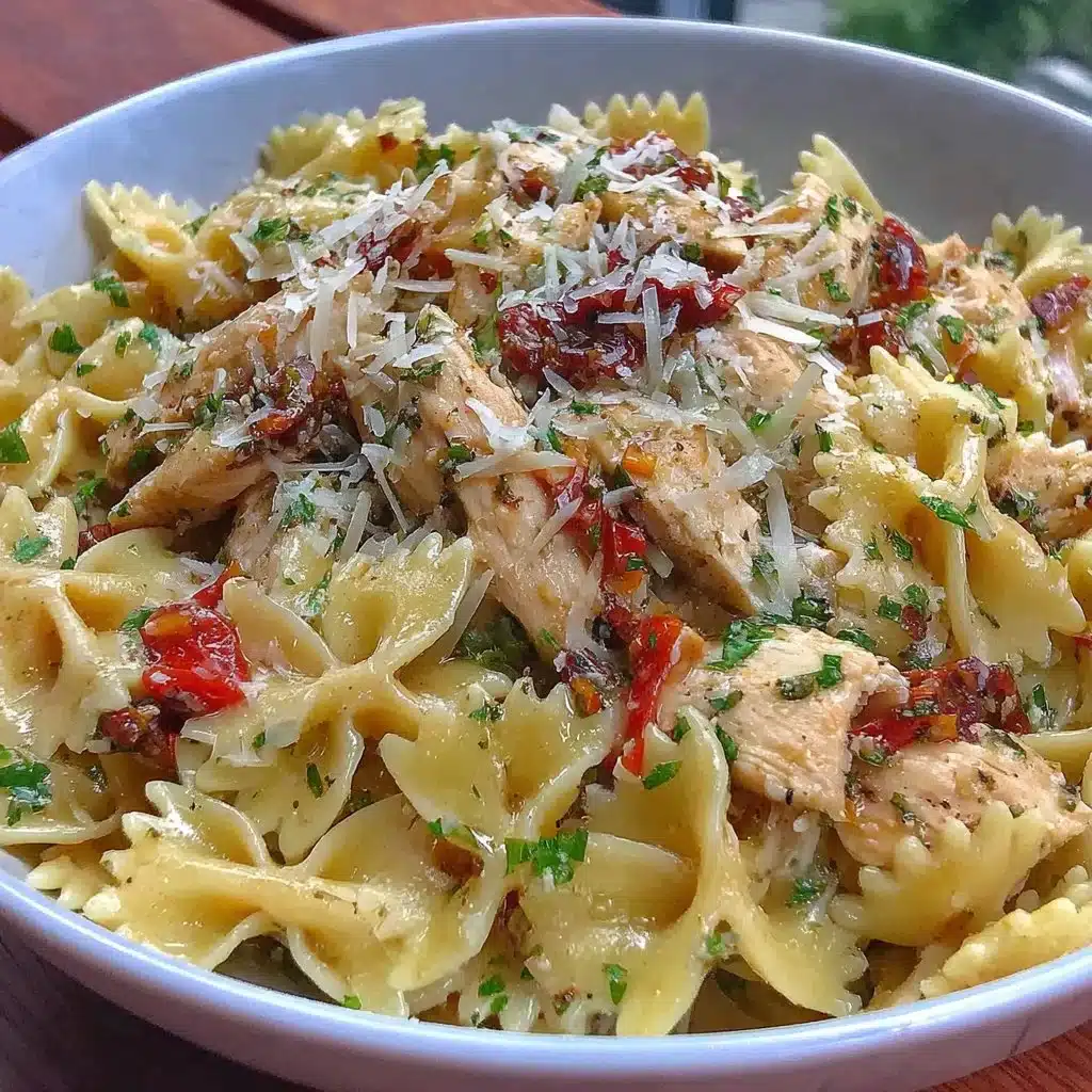 Mittelmeer-Hühnchen-Pasta-Salat mit frischem Gemüse und aromatischen Kräutern.