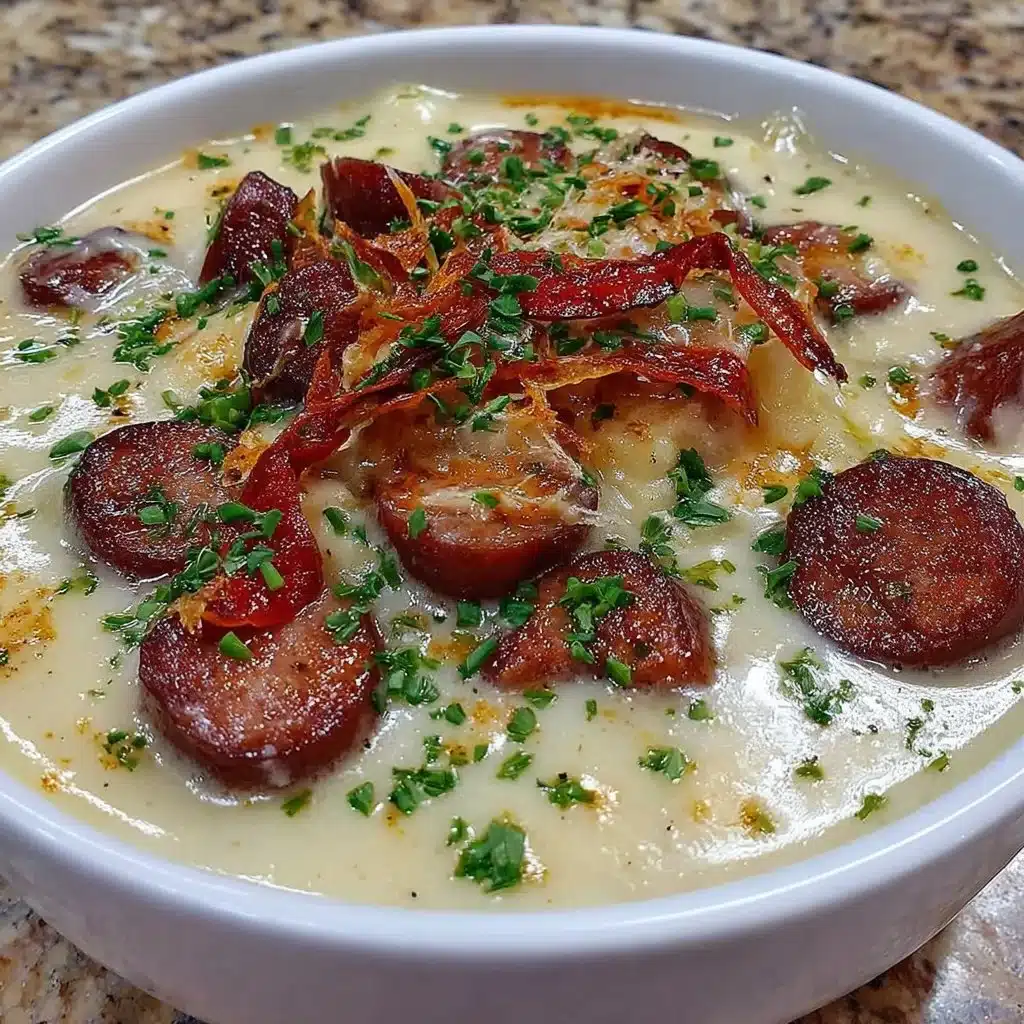 Omas Kartoffelsuppe mit Würstchen auf einem Teller serviert