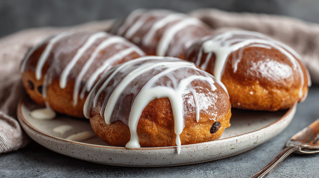 Servierte Air Fryer Schoko Rosinenbrötchen mit Vanille Glasur