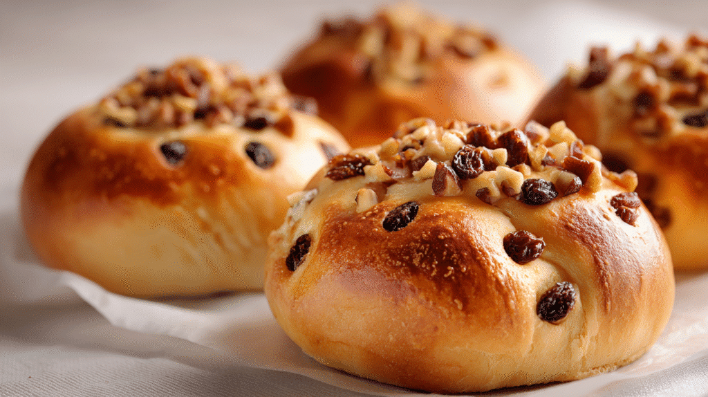 Air Fryer Schoko Rosinenbrötchen mit Nuss Topping frisch gebacken