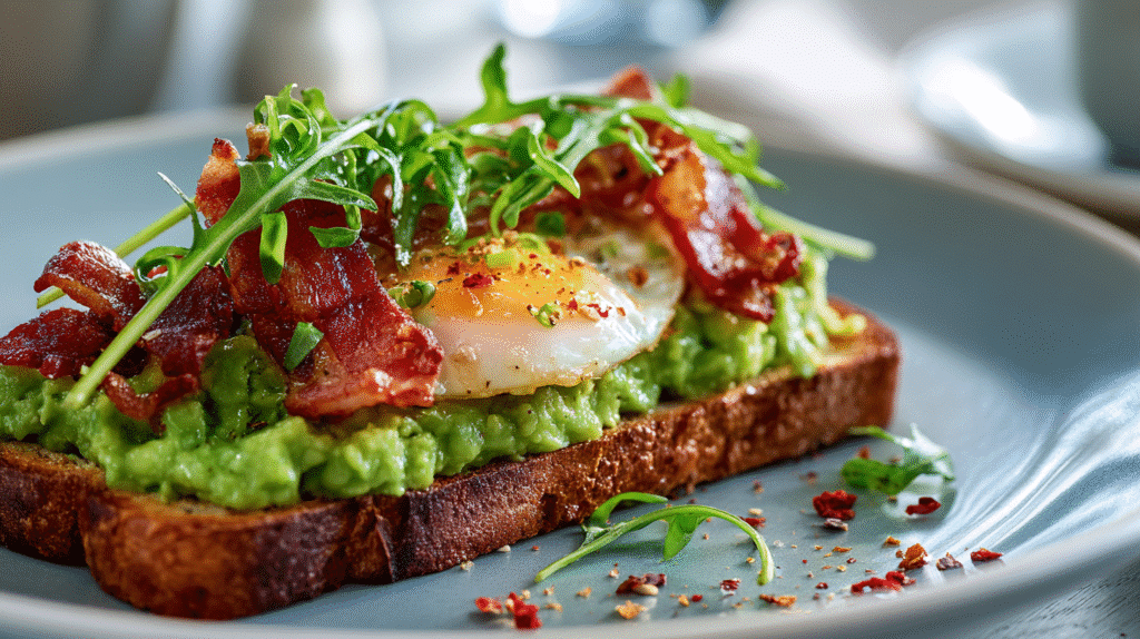 Spiegelei Avocado Toast mit Chili Bacon serviert