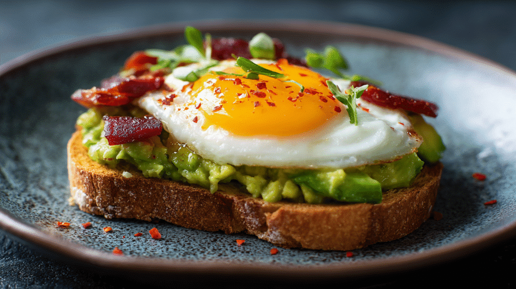 Spiegelei Avocado Toast mit Chili Bacon frisch angerichtet
